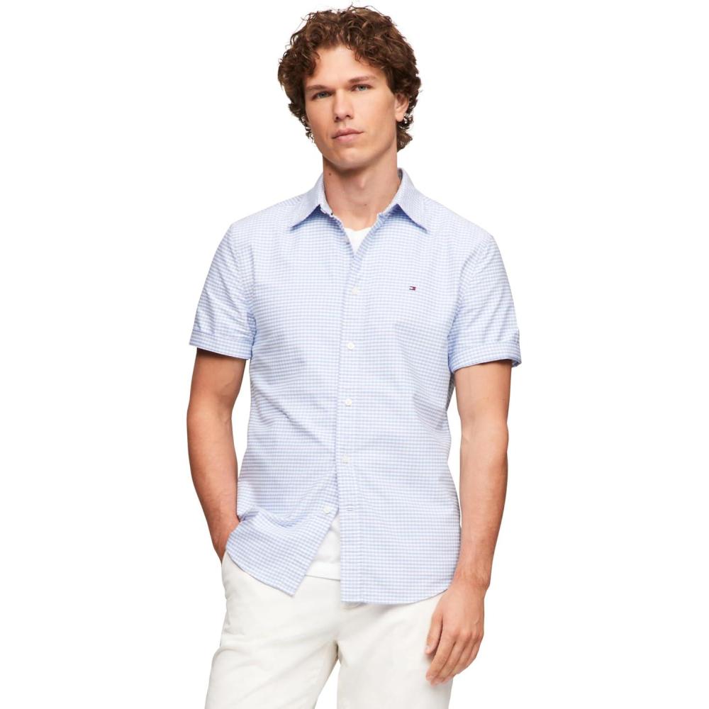 imageTommy Hilfiger Mens Short Sleeve Oxford Shirts in Regular Fit Mens Button Down ShirtsCloudy Blue Check