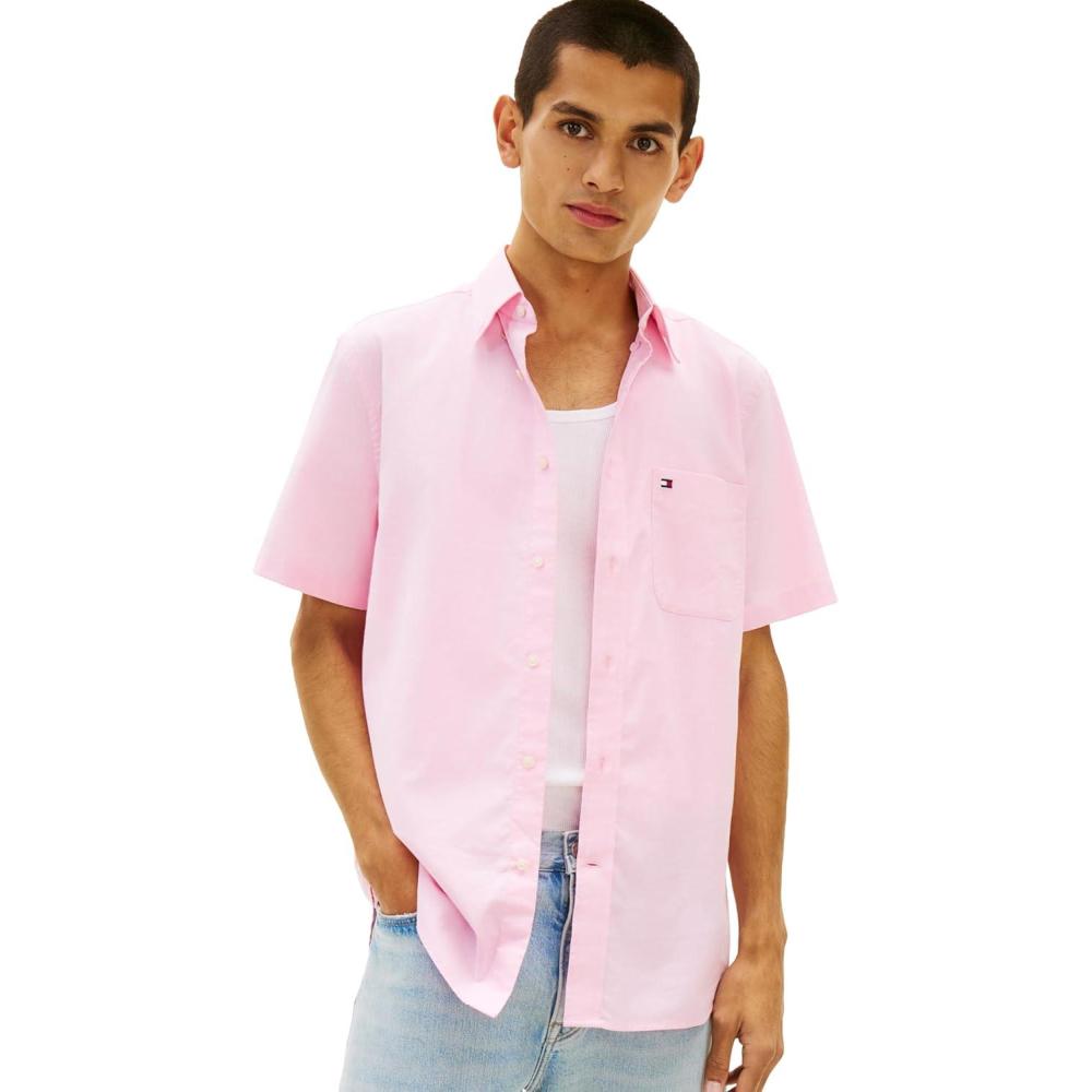 imageTommy Hilfiger Mens Short Sleeve Oxford Shirts in Regular Fit Mens Button Down ShirtsLight Pink