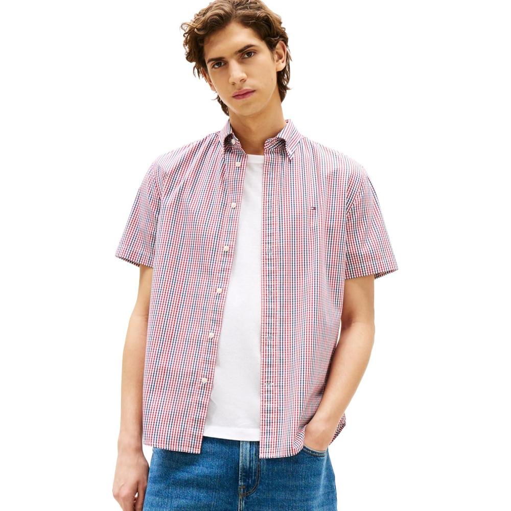 imageTommy Hilfiger Mens Short Sleeve Oxford Shirts in Regular Fit Mens Button Down ShirtsMedium Red Multi Check