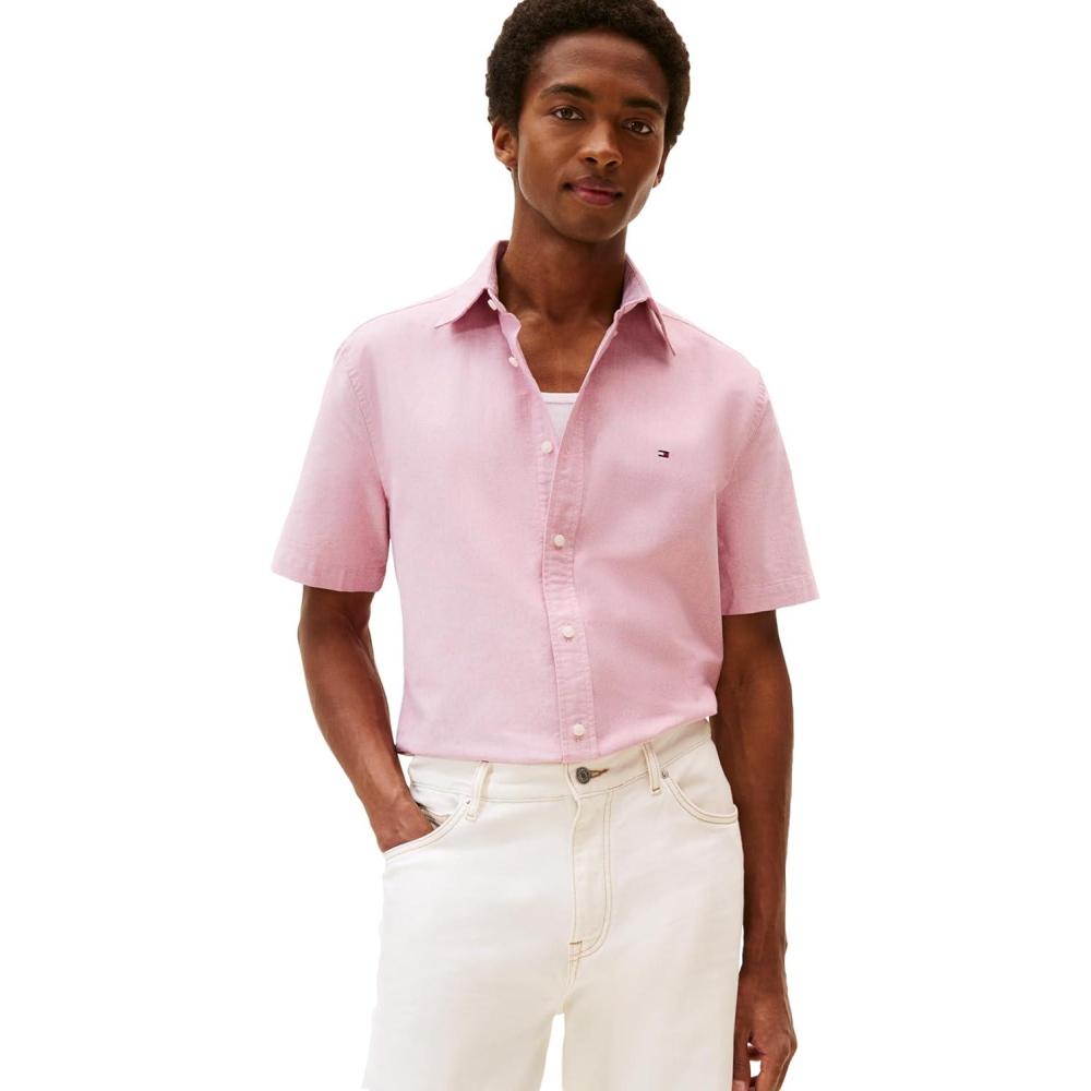 imageTommy Hilfiger Mens Short Sleeve Oxford Shirts in Regular Fit Mens Button Down ShirtsMedium Red