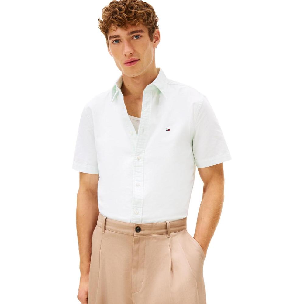 imageTommy Hilfiger Mens Short Sleeve Oxford Shirts in Regular Fit Mens Button Down ShirtsOpal Green