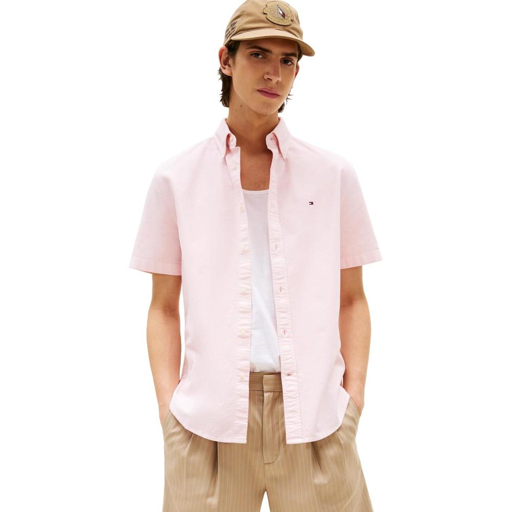 imageTommy Hilfiger Mens Short Sleeve Oxford Shirts in Regular Fit Mens Button Down ShirtsPink Lily