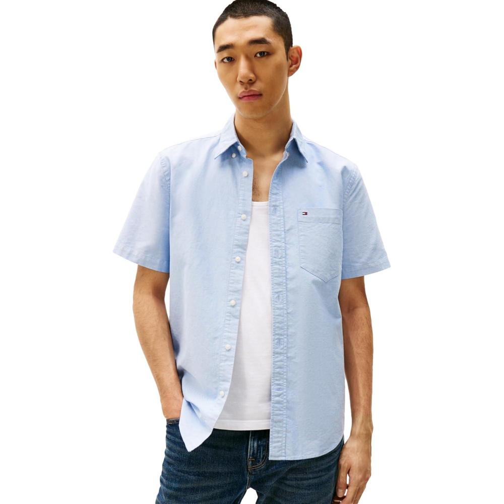imageTommy Hilfiger Mens Short Sleeve Oxford Shirts in Regular Fit Mens Button Down ShirtsShirt Blue
