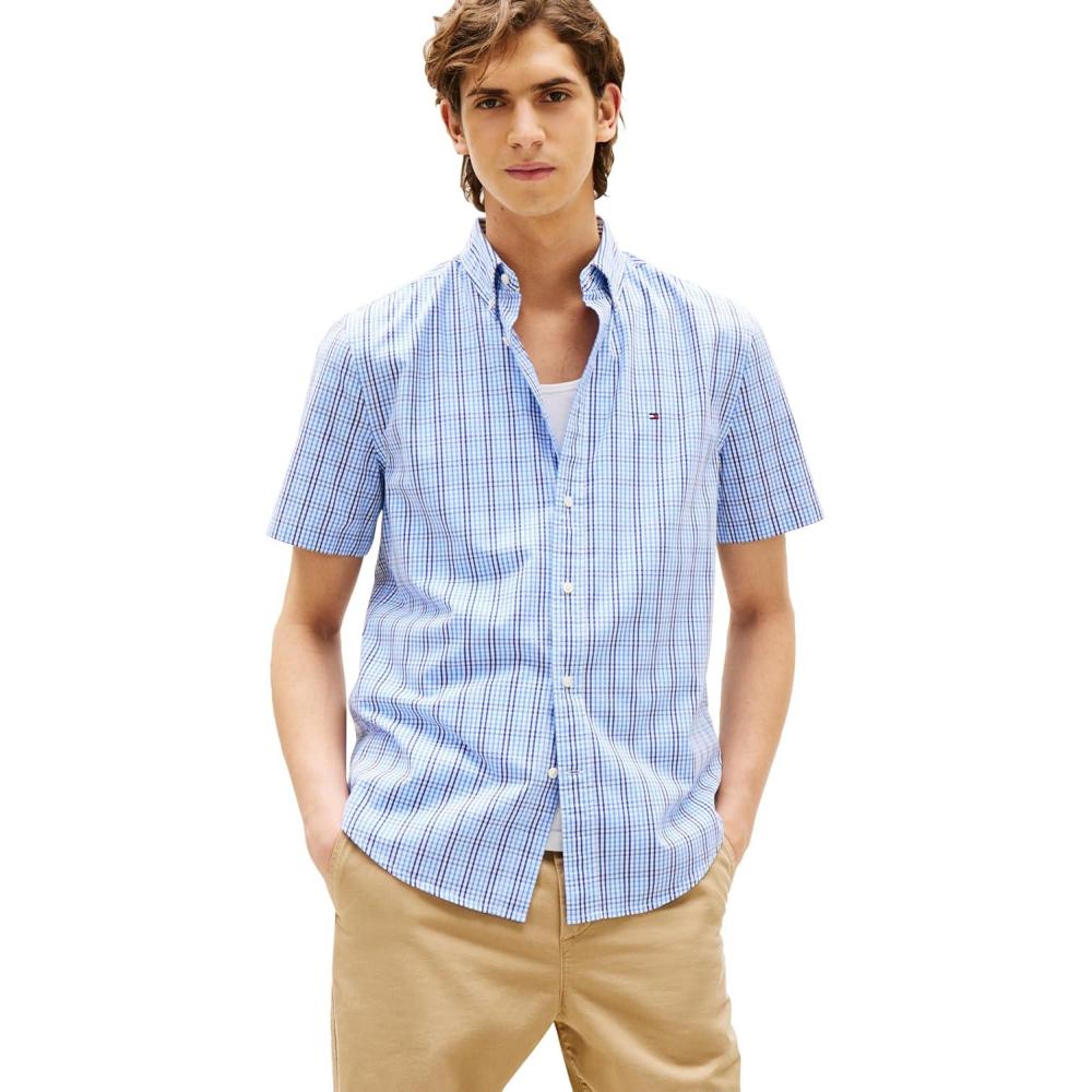 imageTommy Hilfiger Mens Short Sleeve Oxford Shirts in Regular Fit Mens Button Down ShirtsWedge Blue Multi Check