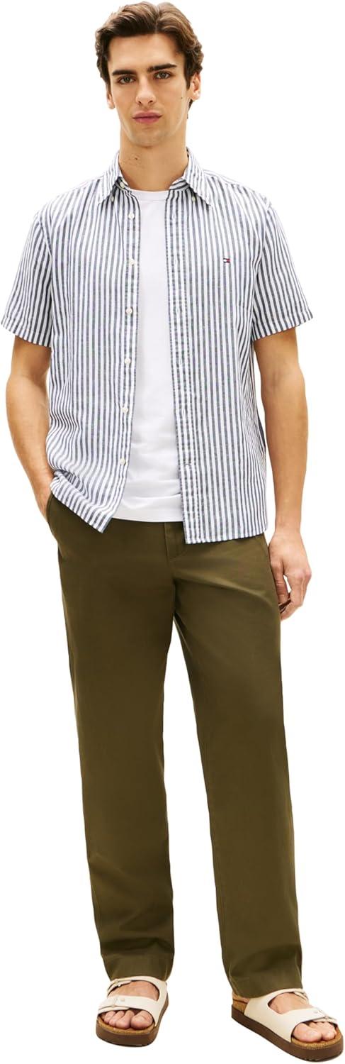 imageTommy Hilfiger Mens Short Sleeve Casual Linen Button Down Shirts in Regular FitCarbon Navy Stripe
