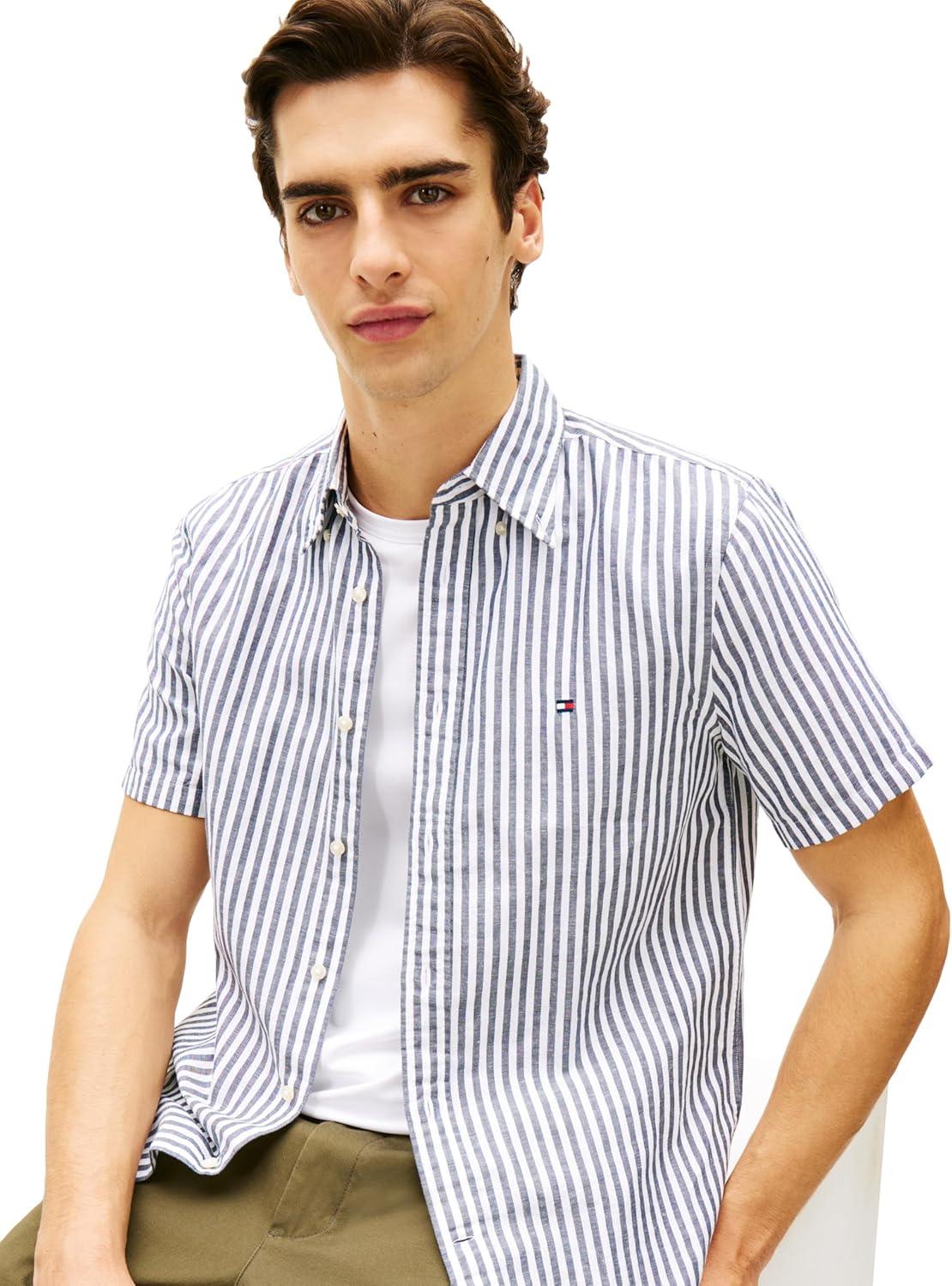 imageTommy Hilfiger Mens Short Sleeve Casual Linen Button Down Shirts in Regular FitCarbon Navy Stripe