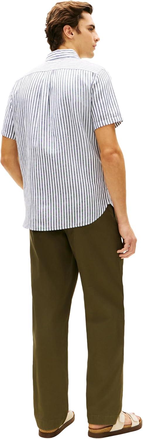 imageTommy Hilfiger Mens Short Sleeve Casual Linen Button Down Shirts in Regular FitCarbon Navy Stripe