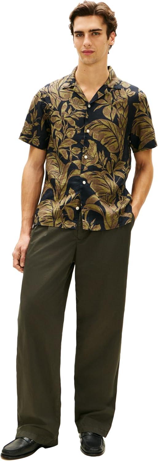 imageTommy Hilfiger Mens Short Sleeve Casual Linen Button Down Shirts in Regular FitDark Night Navy Allover