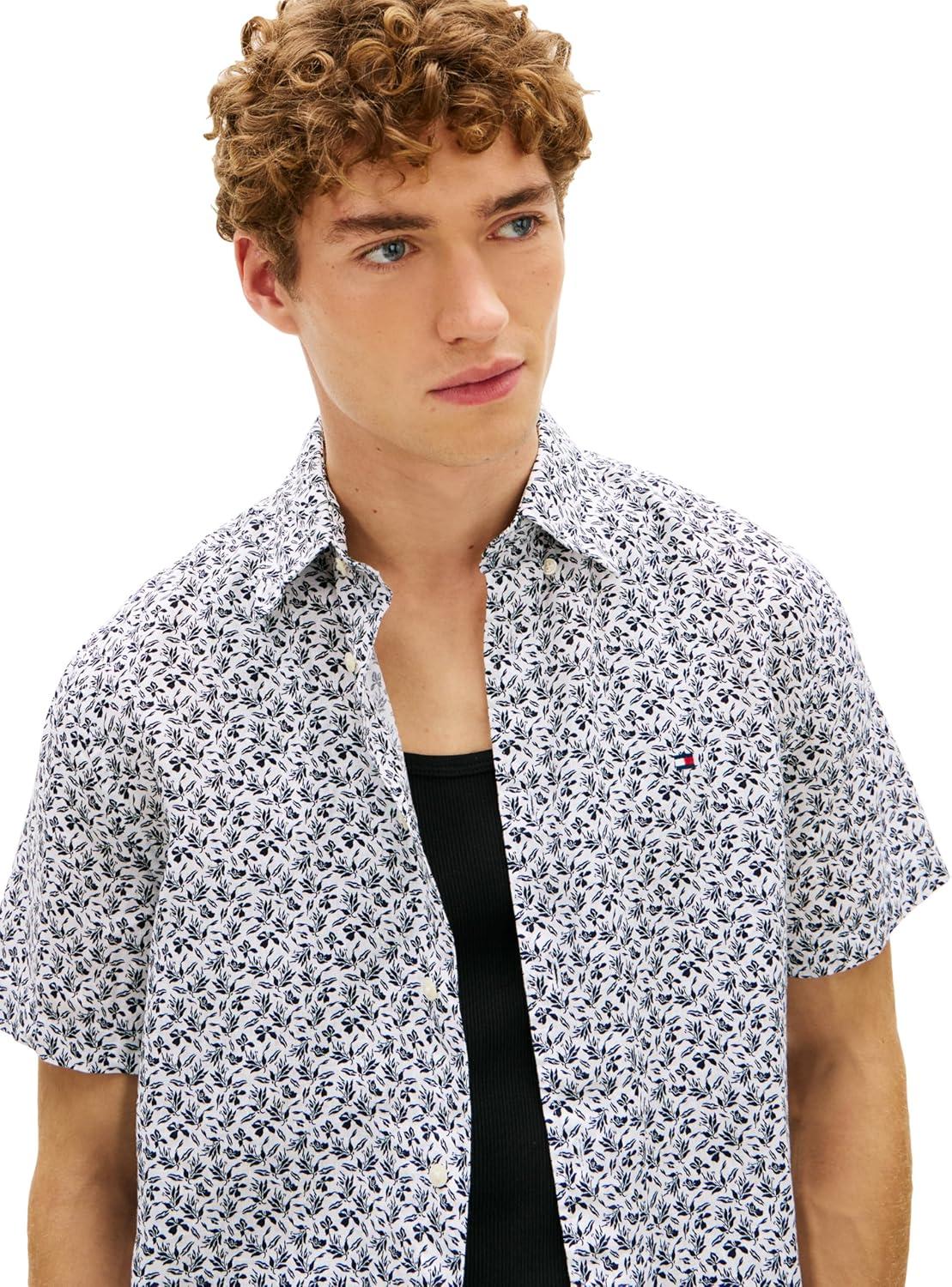 imageTommy Hilfiger Mens Short Sleeve Casual Linen Button Down Shirts in Regular FitWhite Allover