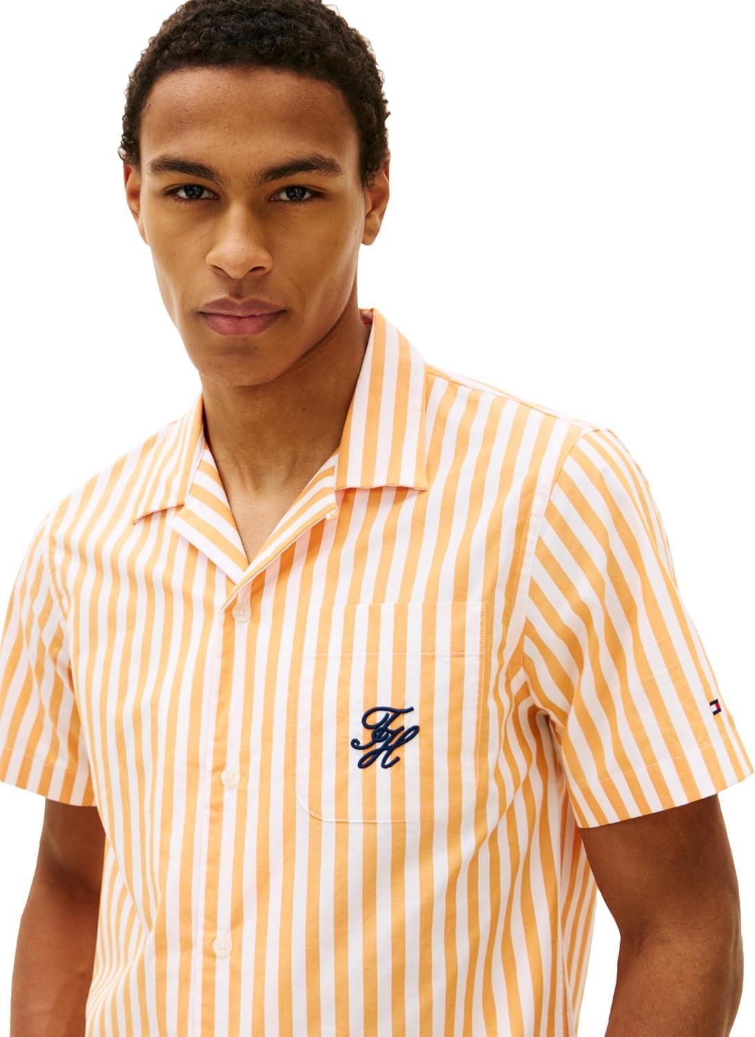 imageTommy Hilfiger Mens Short Sleeve Lightweight Button Down Shirts in Regular Fit Mens Casual Button Down Summer ShirtsOrange Hype Stripe