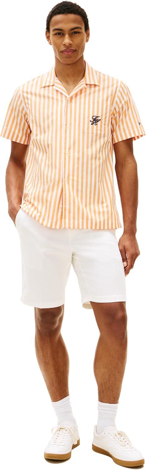 imageTommy Hilfiger Mens Short Sleeve Lightweight Button Down Shirts in Regular Fit Mens Casual Button Down Summer ShirtsOrange Hype Stripe