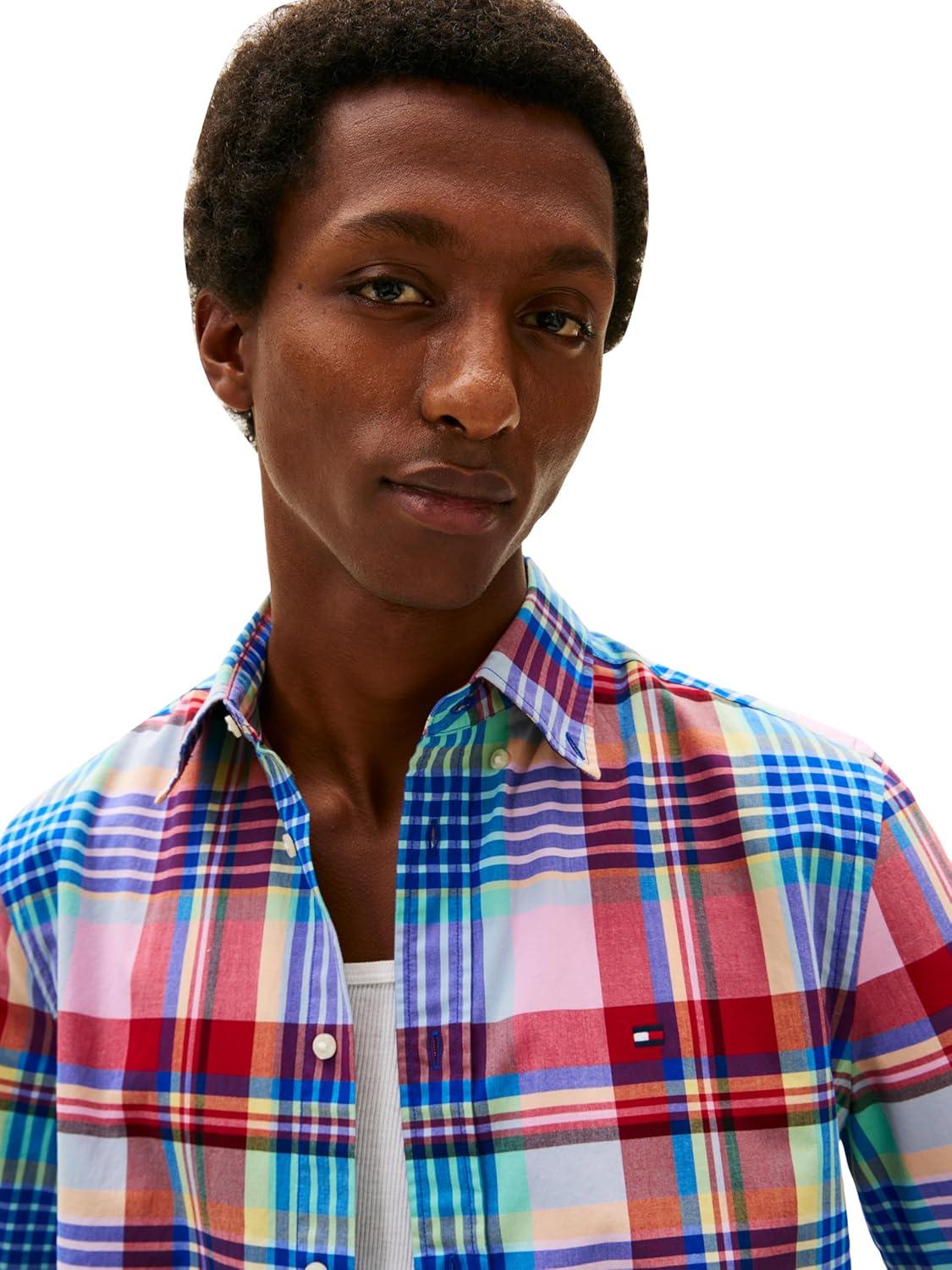 imageTommy Hilfiger Mens Short Sleeve Poplin Shirts in Regular Fit Mens Button Down ShirtsArctic Aqua Check