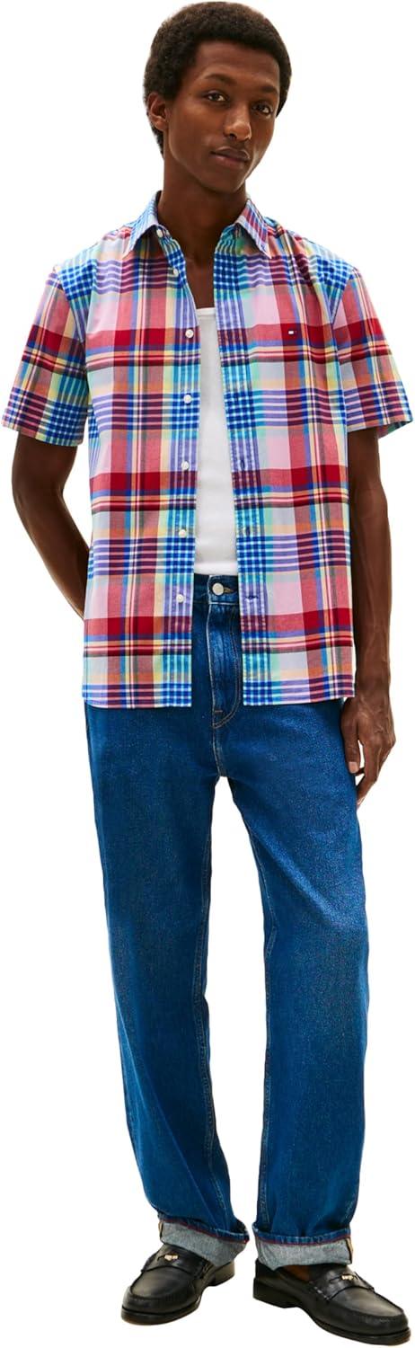imageTommy Hilfiger Mens Short Sleeve Poplin Shirts in Regular Fit Mens Button Down ShirtsArctic Aqua Check