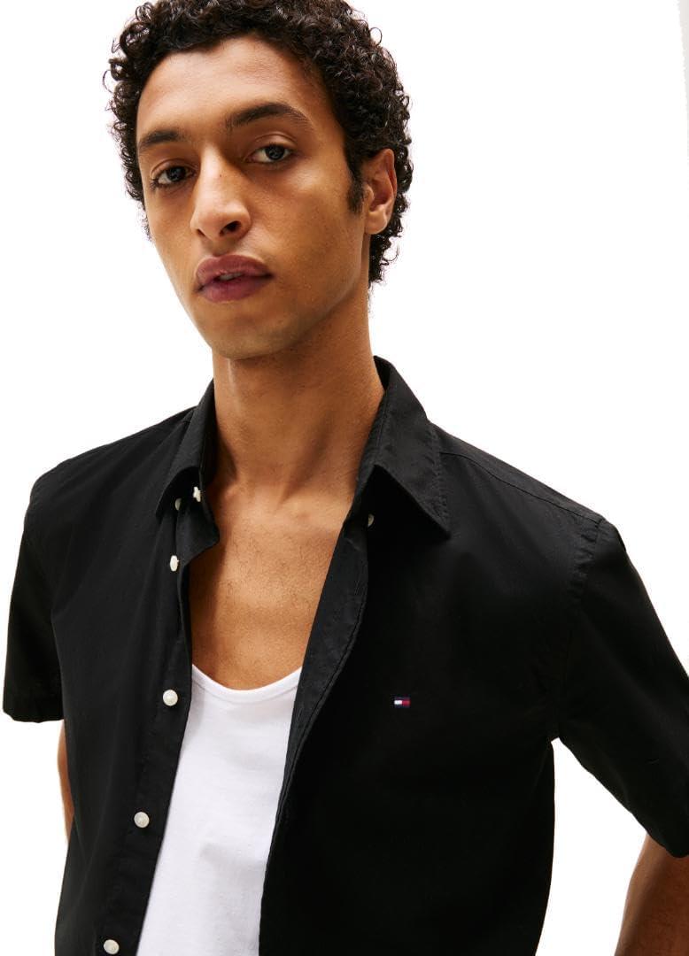 imageTommy Hilfiger Mens Short Sleeve Poplin Shirts in Regular Fit Mens Button Down ShirtsBlack