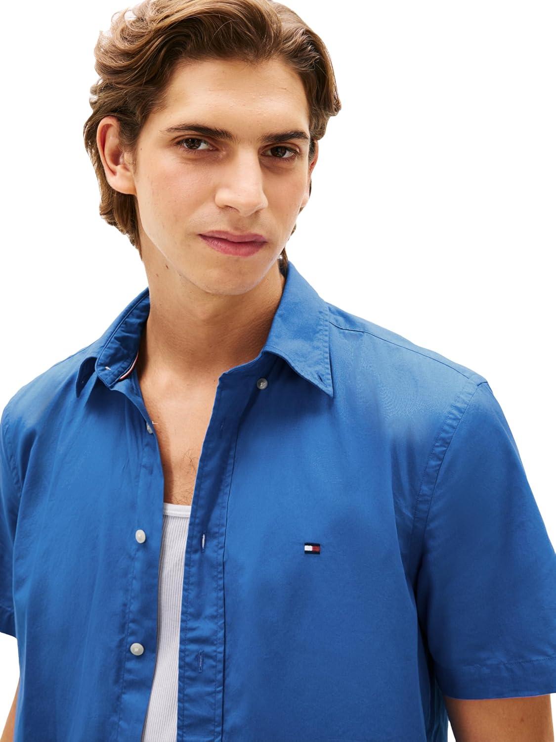 imageTommy Hilfiger Mens Short Sleeve Poplin Shirts in Regular Fit Mens Button Down ShirtsBlue Orbit