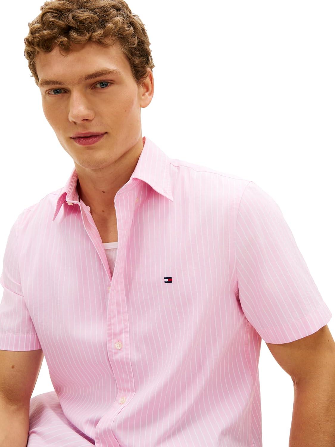imageTommy Hilfiger Mens Short Sleeve Poplin Shirts in Regular Fit Mens Button Down ShirtsClassic Pink Stripe