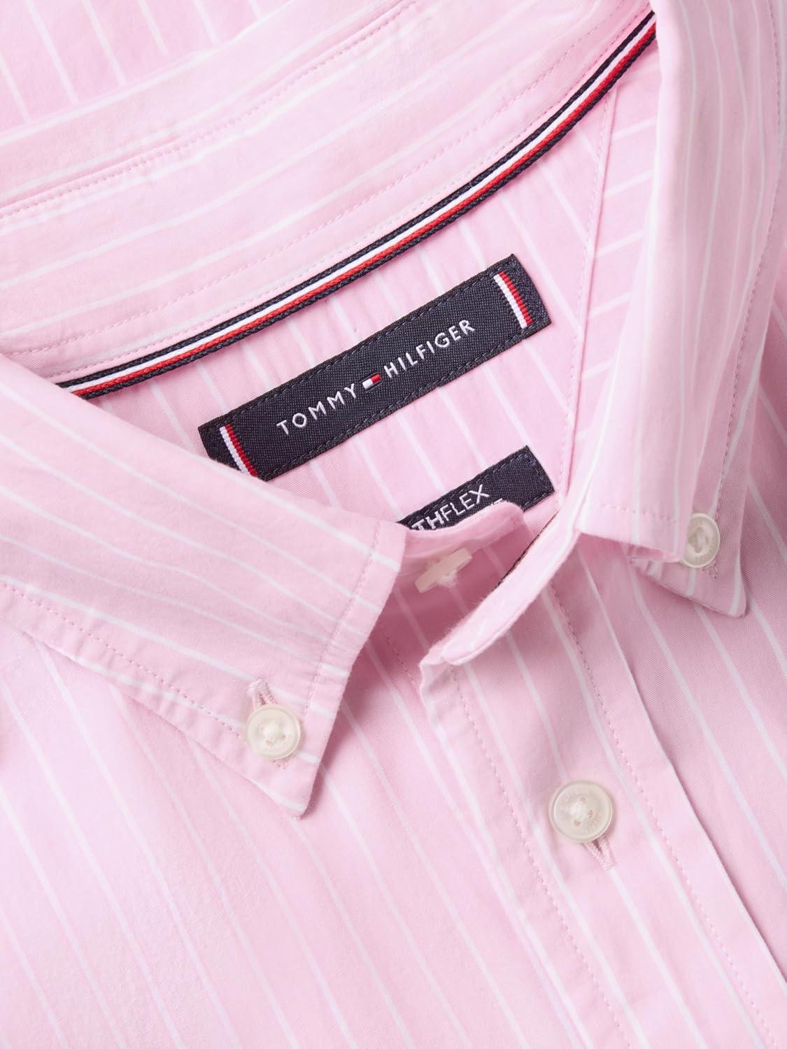 imageTommy Hilfiger Mens Short Sleeve Poplin Shirts in Regular Fit Mens Button Down ShirtsClassic Pink Stripe