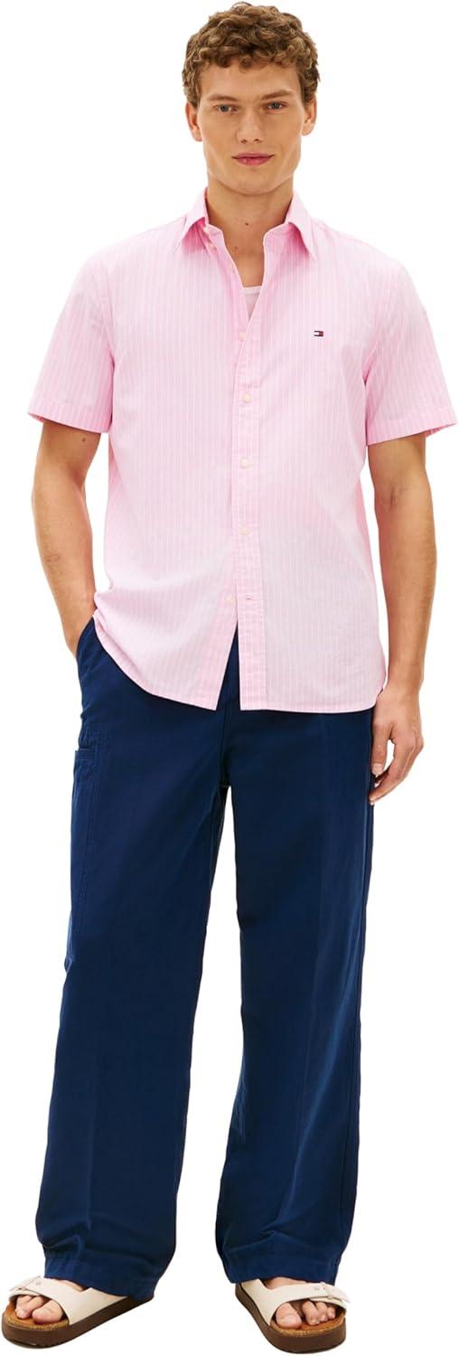 imageTommy Hilfiger Mens Short Sleeve Poplin Shirts in Regular Fit Mens Button Down ShirtsClassic Pink Stripe