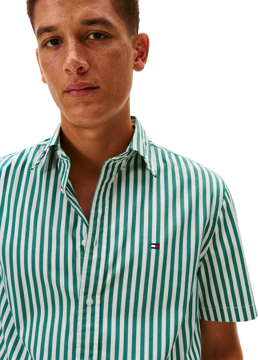 imageTommy Hilfiger Mens Short Sleeve Poplin Shirts in Regular Fit Mens Button Down ShirtsDeep Ocean Stripe