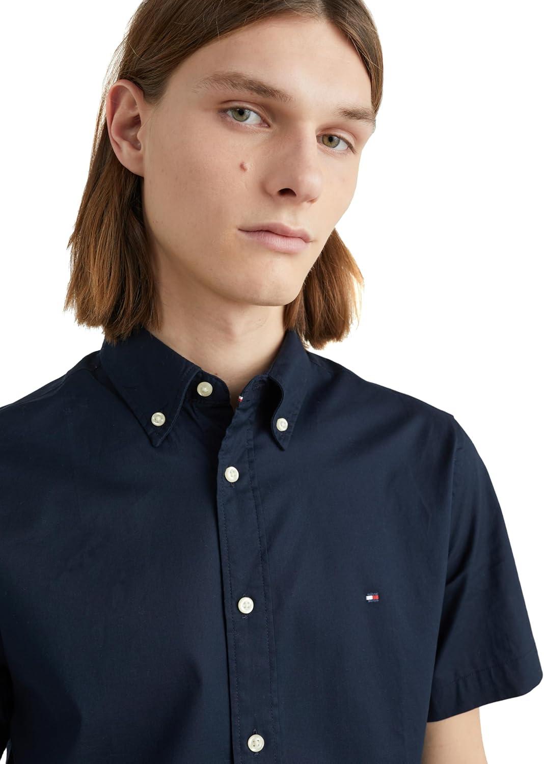 imageTommy Hilfiger Mens Short Sleeve Poplin Shirts in Regular Fit Mens Button Down ShirtsDesert Sky