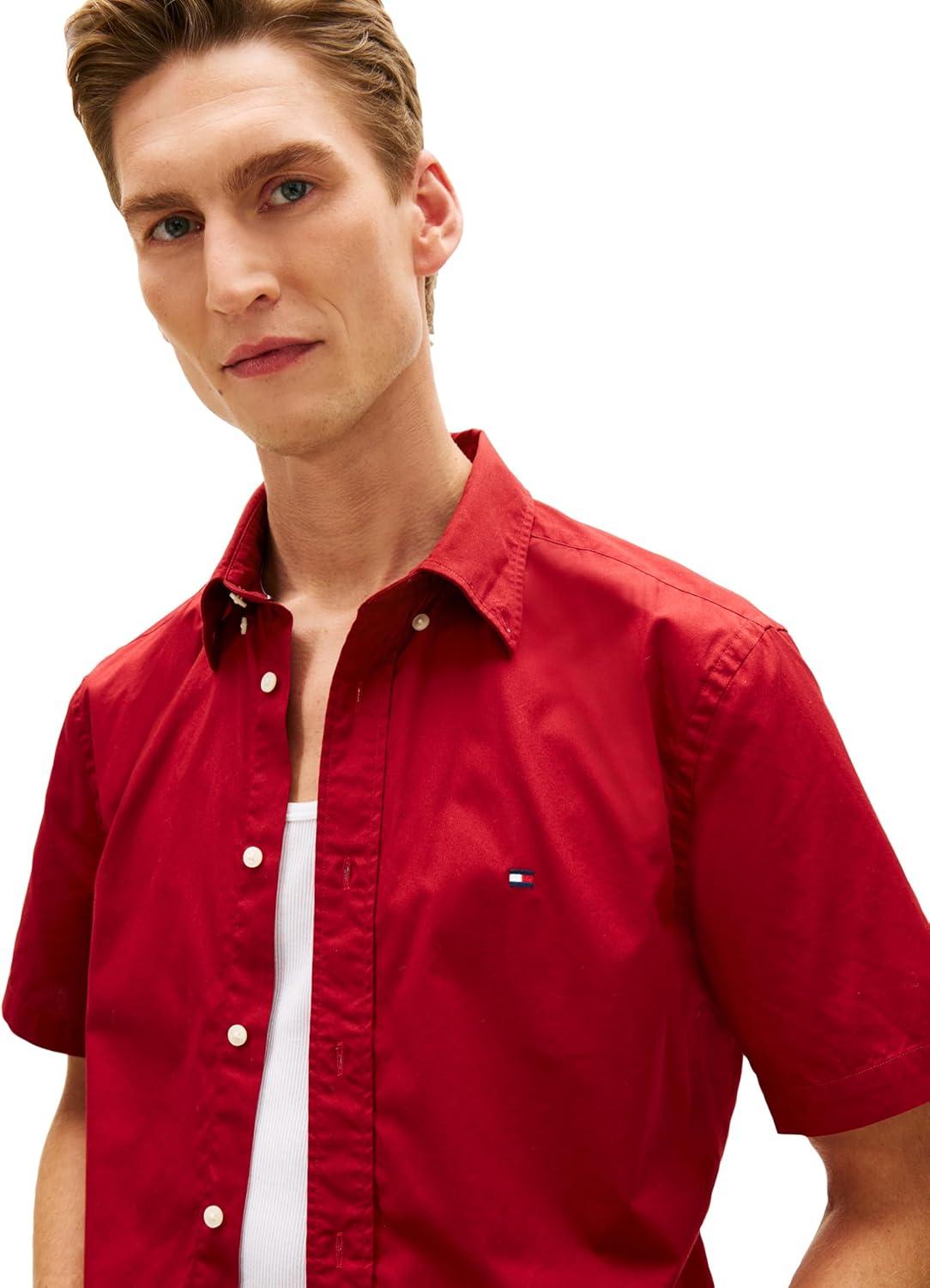 imageTommy Hilfiger Mens Short Sleeve Poplin Shirts in Regular Fit Mens Button Down ShirtsRegatta Red