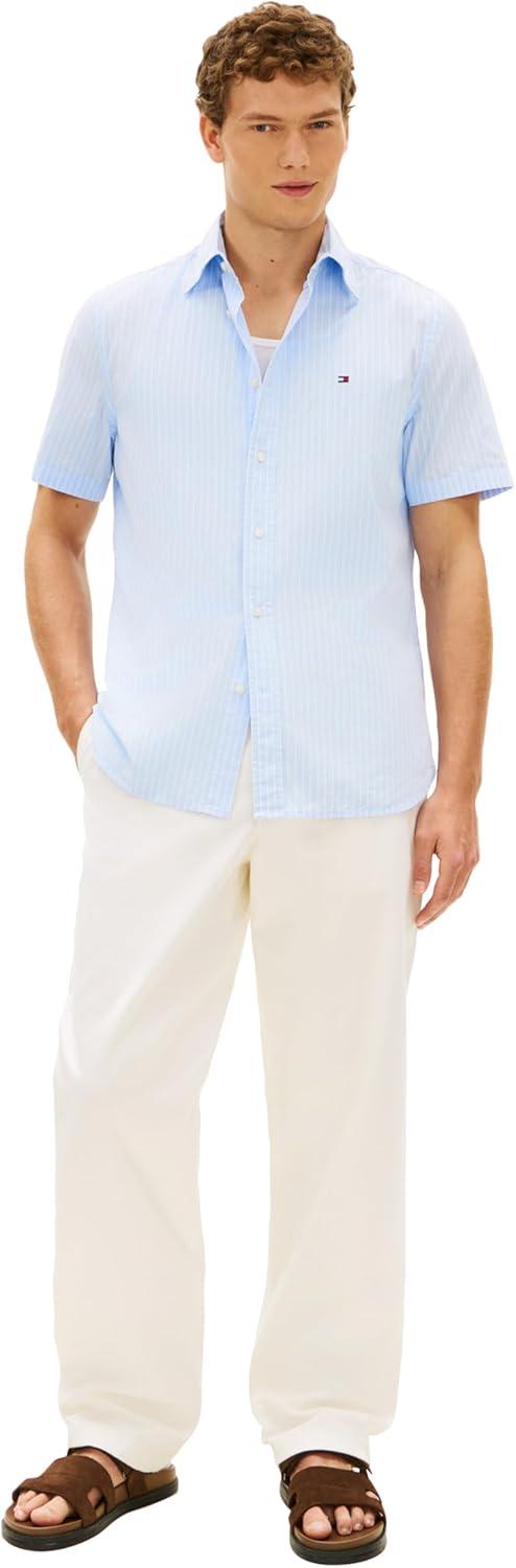 imageTommy Hilfiger Mens Short Sleeve Poplin Shirts in Regular Fit Mens Button Down ShirtsSweet Blue Stripe