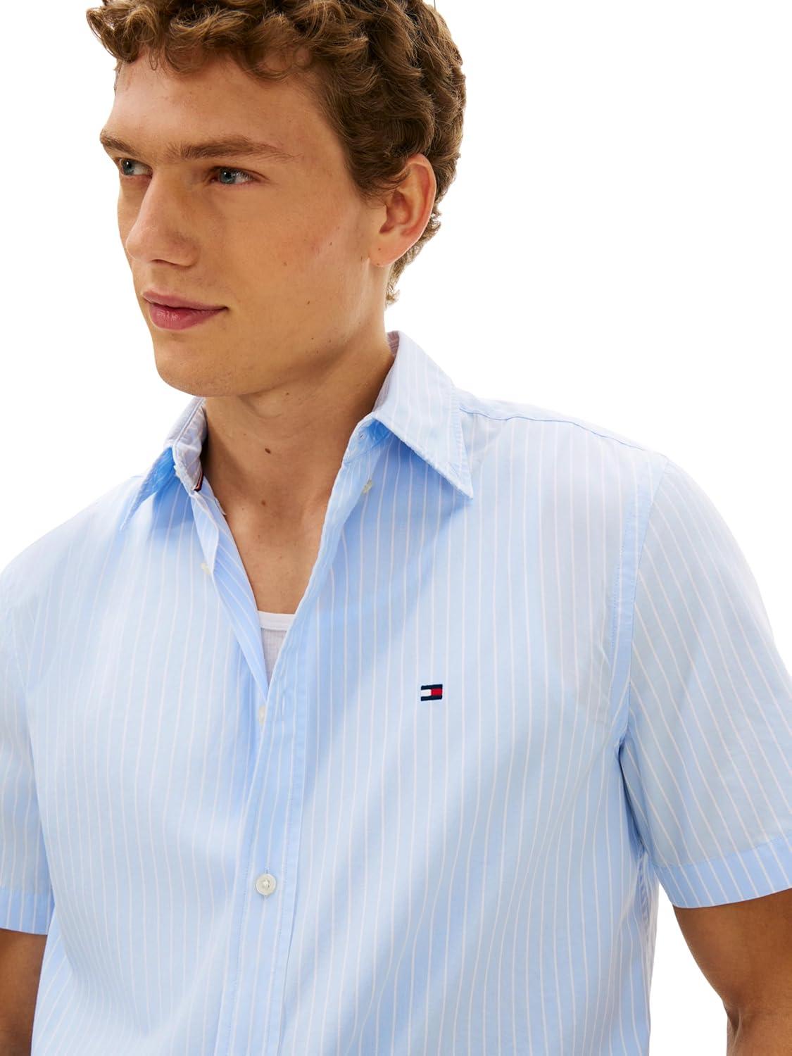 imageTommy Hilfiger Mens Short Sleeve Poplin Shirts in Regular Fit Mens Button Down ShirtsSweet Blue Stripe