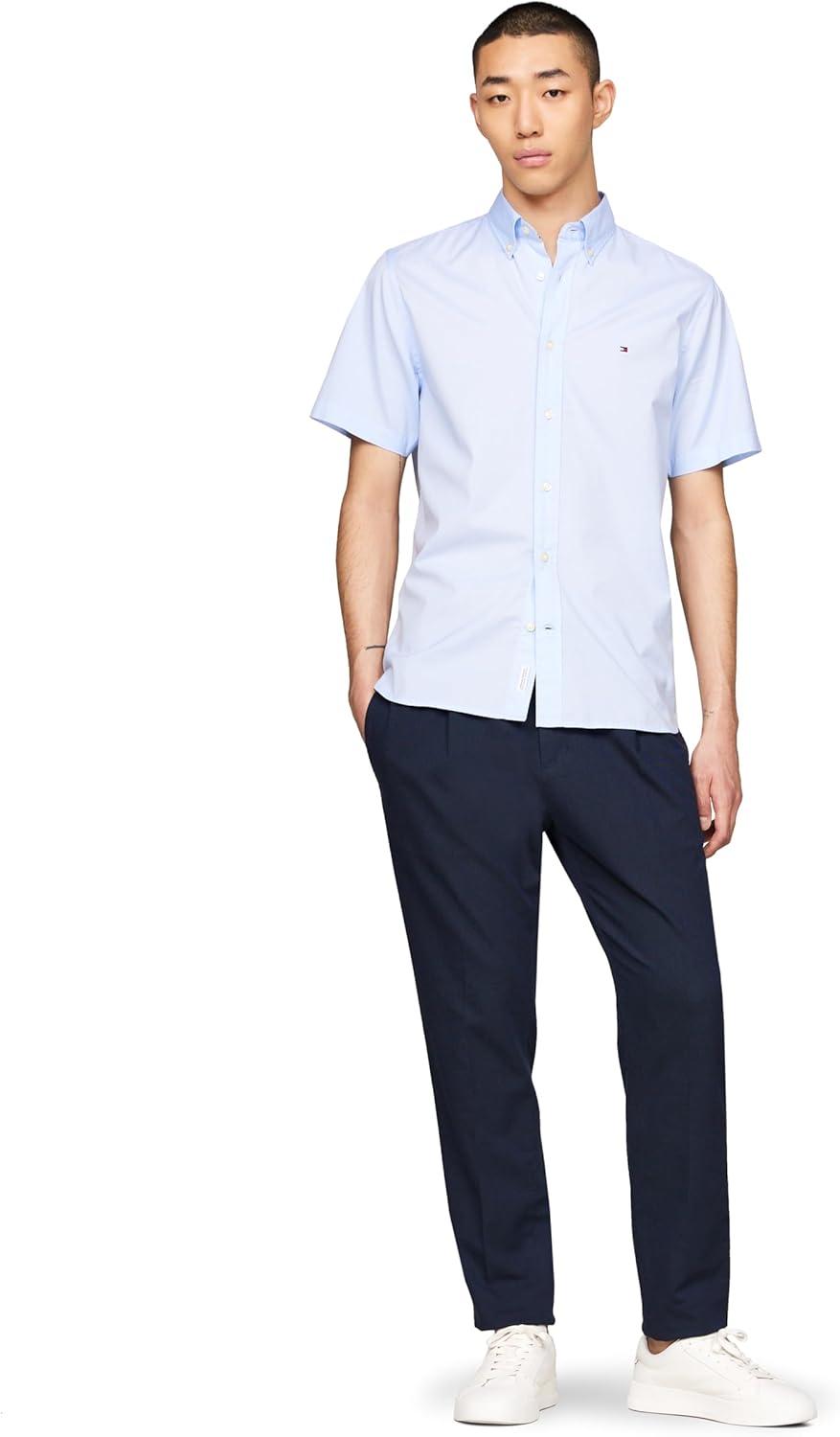 imageTommy Hilfiger Mens Short Sleeve Poplin Shirts in Regular Fit Mens Button Down ShirtsSweet Blue