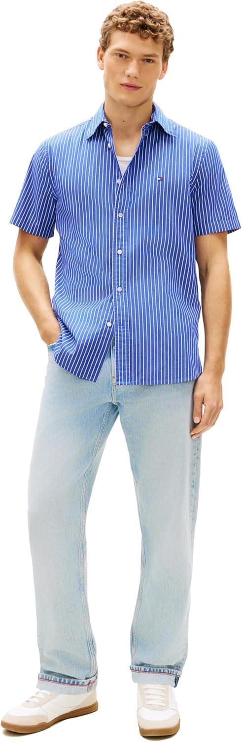 imageTommy Hilfiger Mens Short Sleeve Poplin Shirts in Regular Fit Mens Button Down ShirtsWedge Blue Stripe