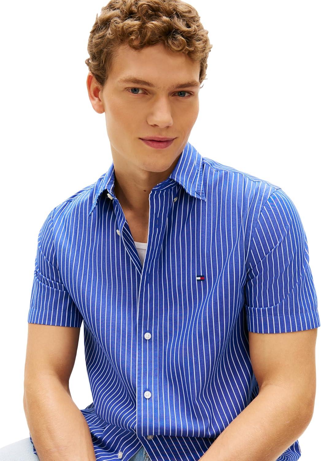 imageTommy Hilfiger Mens Short Sleeve Poplin Shirts in Regular Fit Mens Button Down ShirtsWedge Blue Stripe