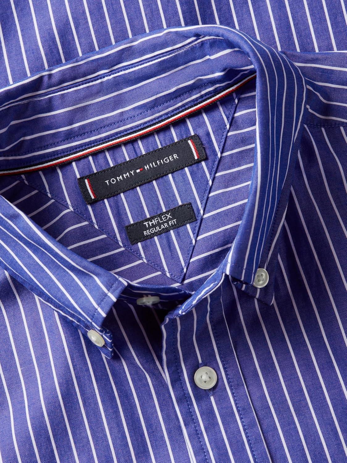 imageTommy Hilfiger Mens Short Sleeve Poplin Shirts in Regular Fit Mens Button Down ShirtsWedge Blue Stripe