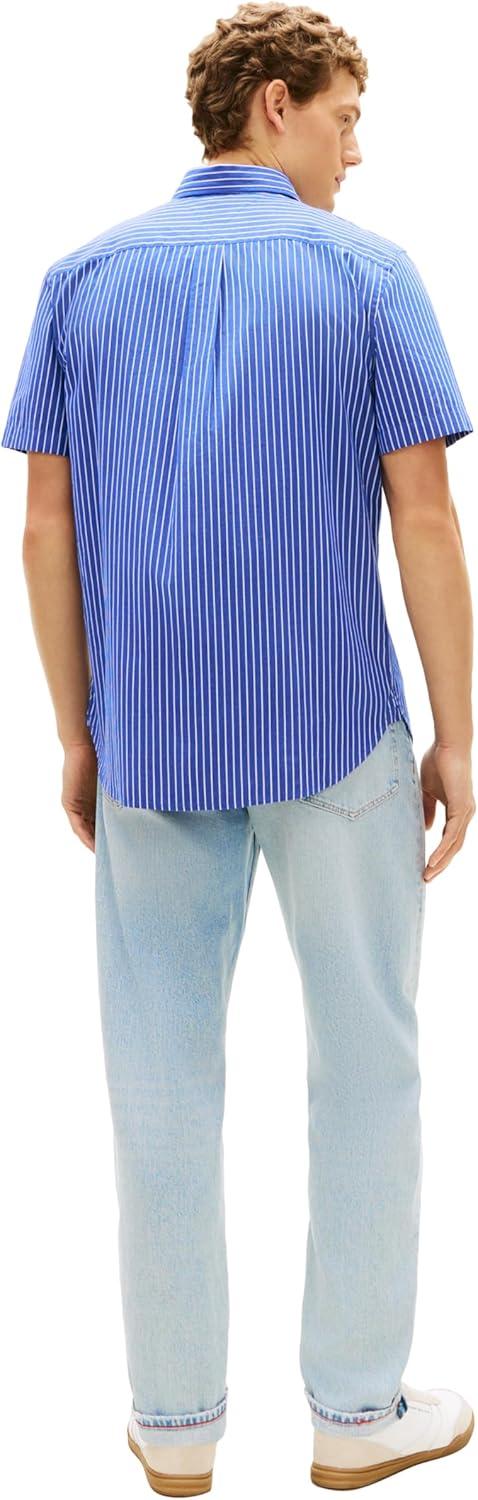 imageTommy Hilfiger Mens Short Sleeve Poplin Shirts in Regular Fit Mens Button Down ShirtsWedge Blue Stripe
