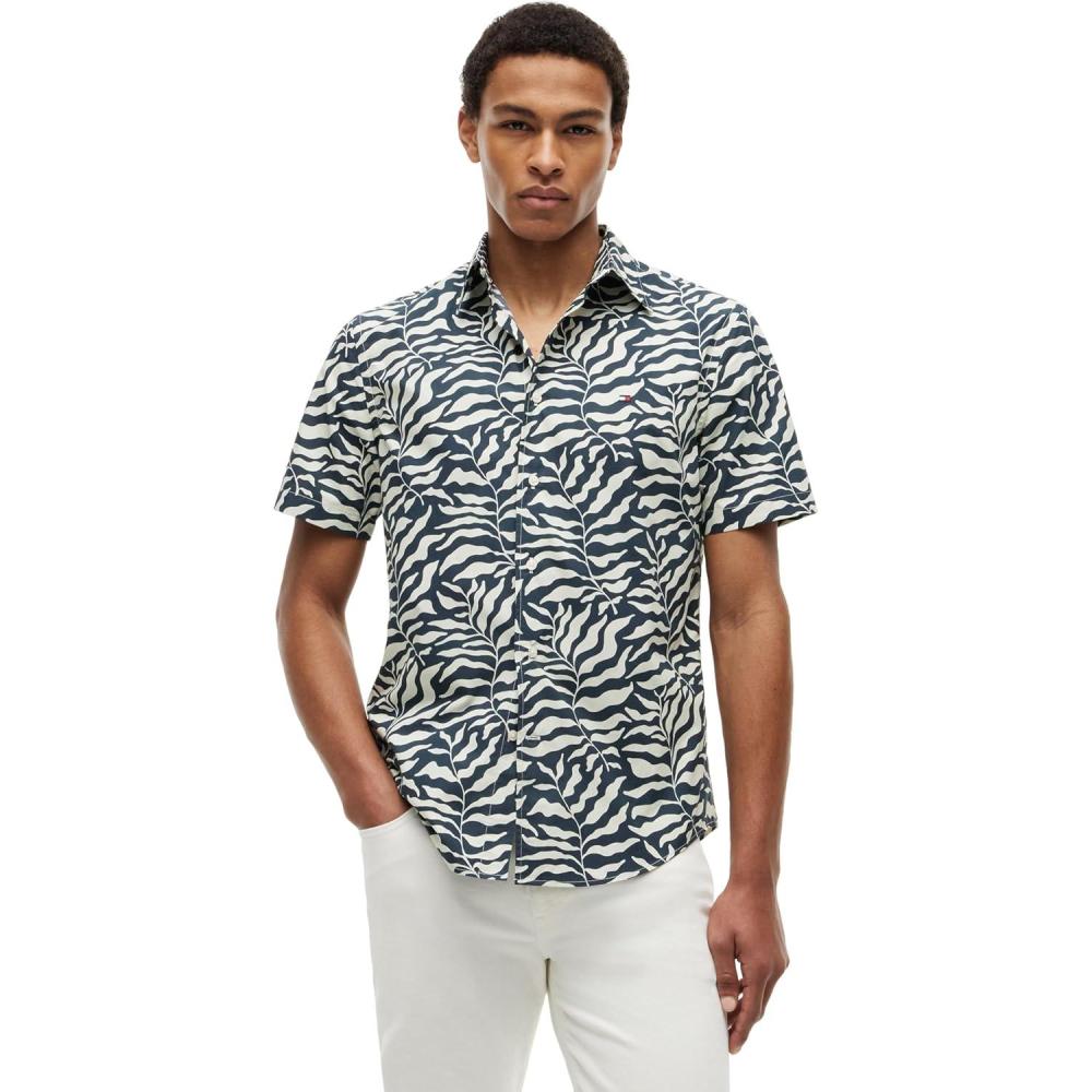 imageTommy Hilfiger Mens Short Sleeve Lightweight Button Down Shirts in Regular Fit Mens Casual Button Down Summer ShirtsBlackWhiteAllover