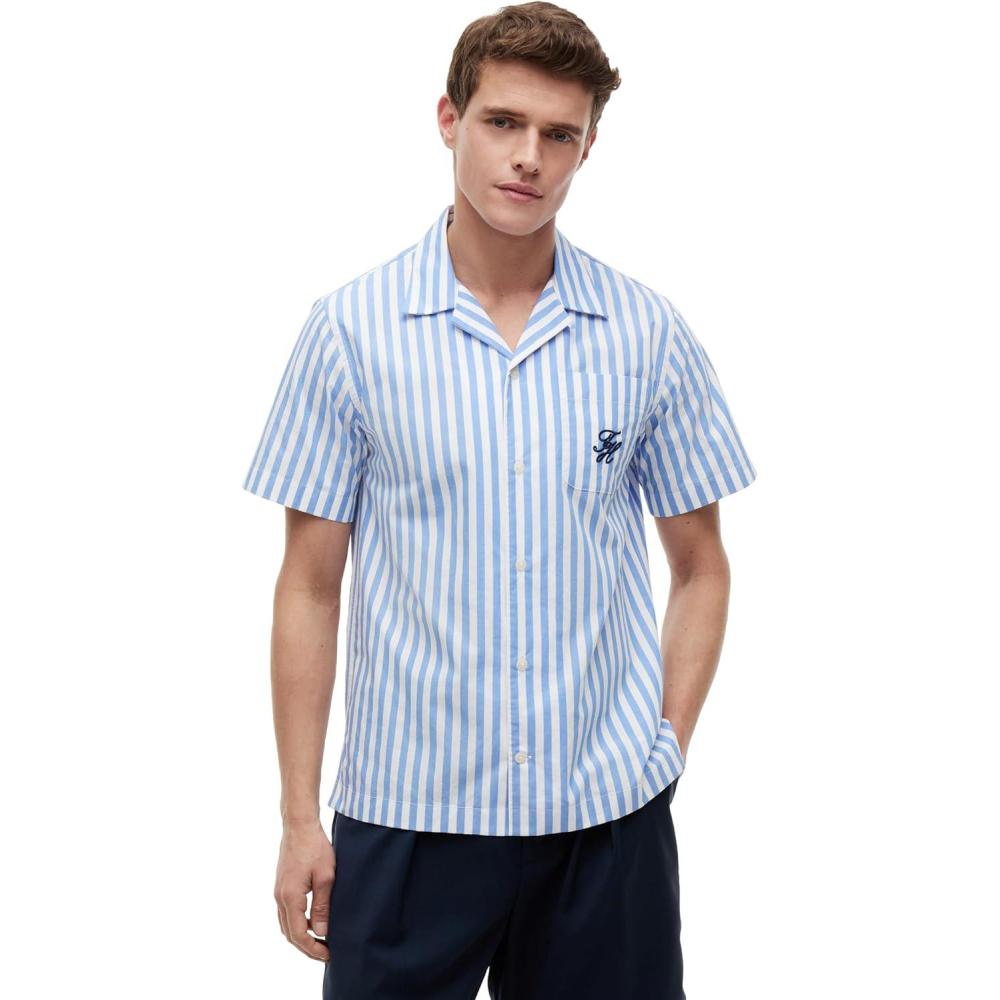 imageTommy Hilfiger Mens Short Sleeve Lightweight Button Down Shirts in Regular Fit Mens Casual Button Down Summer ShirtsBlue Spell Stripe