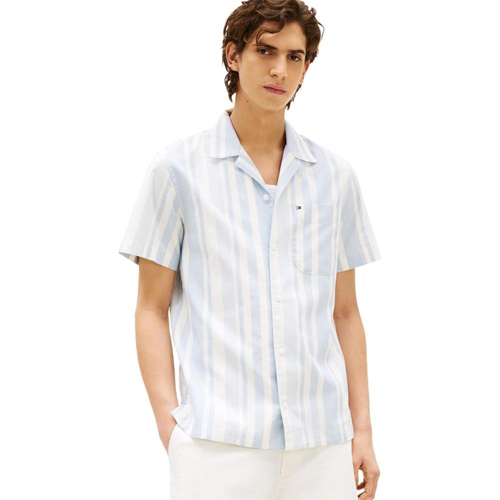 imageTommy Hilfiger Mens Short Sleeve Lightweight Button Down Shirts in Regular Fit Mens Casual Button Down Summer ShirtsBreezy Blue  Ivory Petal