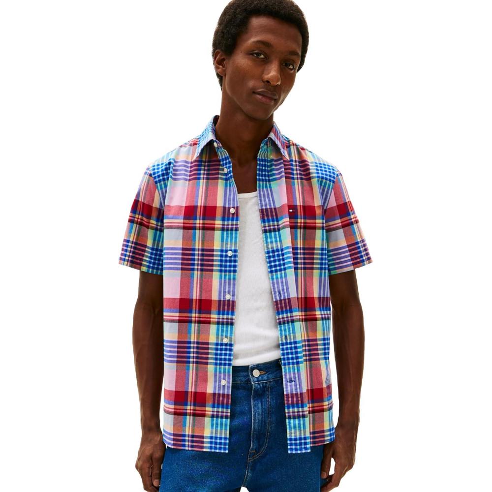 imageTommy Hilfiger Mens Short Sleeve Poplin Shirts in Regular Fit Mens Button Down ShirtsArctic Aqua Check