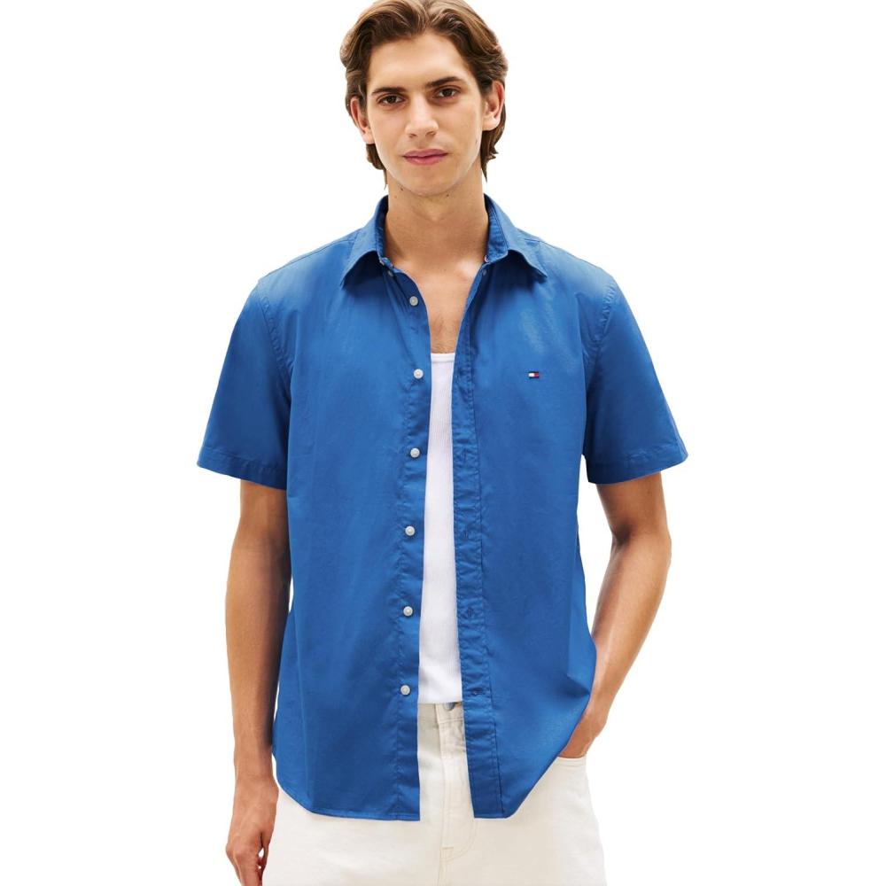 imageTommy Hilfiger Mens Short Sleeve Poplin Shirts in Regular Fit Mens Button Down ShirtsBlue Orbit