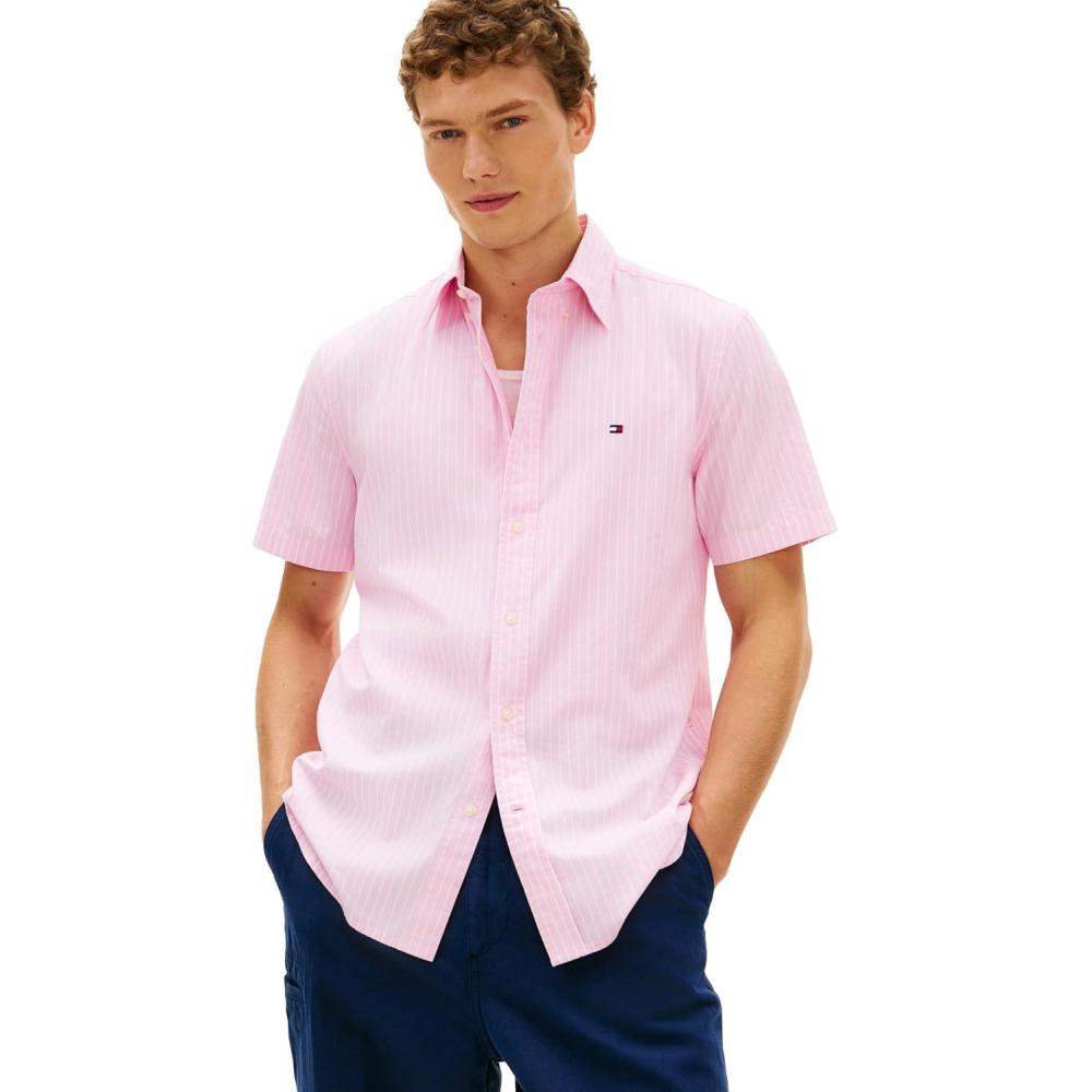imageTommy Hilfiger Mens Short Sleeve Poplin Shirts in Regular Fit Mens Button Down ShirtsClassic Pink Stripe