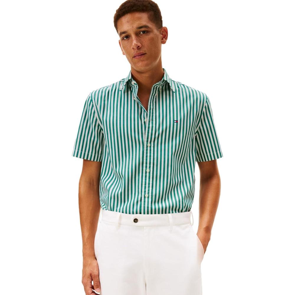 imageTommy Hilfiger Mens Short Sleeve Poplin Shirts in Regular Fit Mens Button Down ShirtsDeep Ocean Stripe