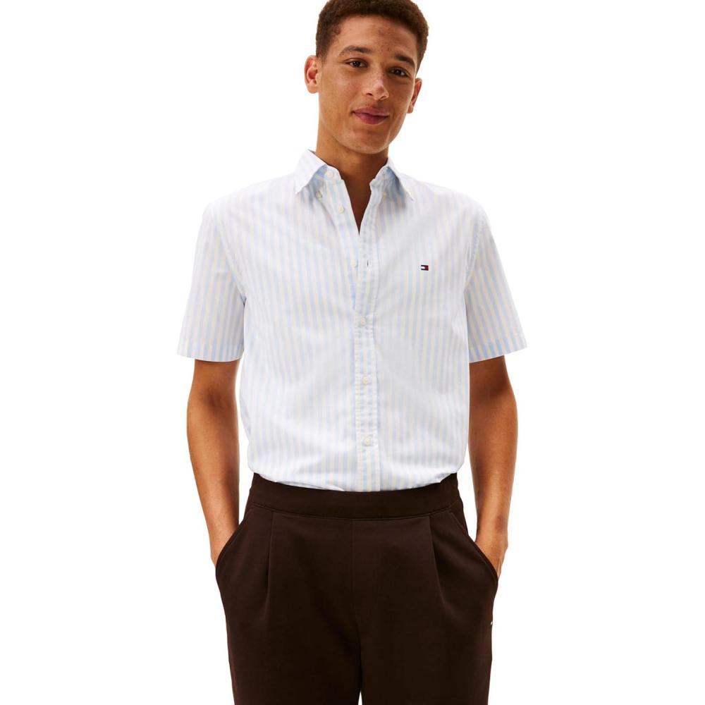 imageTommy Hilfiger Mens Short Sleeve Poplin Shirts in Regular Fit Mens Button Down ShirtsSweet Blue  White Stripe