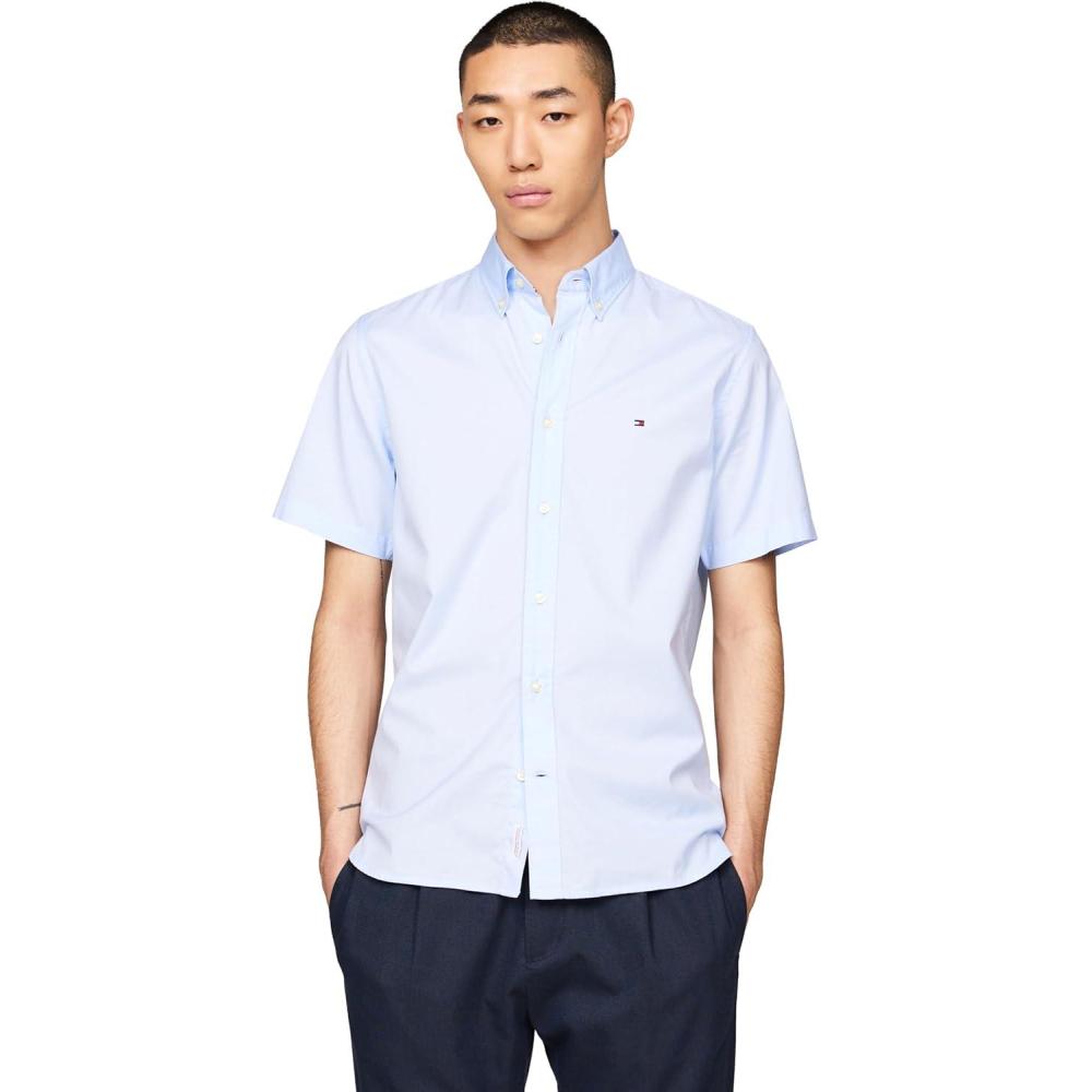 imageTommy Hilfiger Mens Short Sleeve Poplin Shirts in Regular Fit Mens Button Down ShirtsSweet Blue