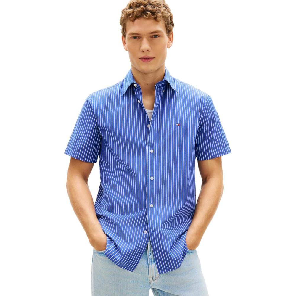 imageTommy Hilfiger Mens Short Sleeve Poplin Shirts in Regular Fit Mens Button Down ShirtsWedge Blue Stripe