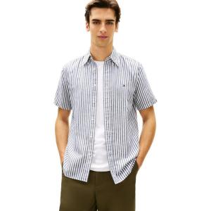 Tommy Hilfiger Mens Short Sleeve Casual Linen Button Down Shirts in Regular Fit(Carbon Navy / Stripe)