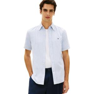 Tommy Hilfiger Mens Short Sleeve Casual Linen Button Down Shirts in Regular Fit(Cloudy Blue / Stripe)