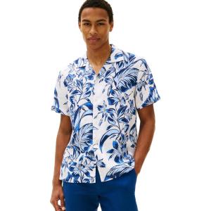 Tommy Hilfiger Mens Short Sleeve Casual Linen Button Down Shirts in Regular Fit(White / Blue Allover)