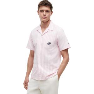 Tommy Hilfiger Men’s Short Sleeve Lightweight Button Down Shirts in Regular Fit, Men’s Casual Button Down Summer Shirts(Classic Pink / Stripe)