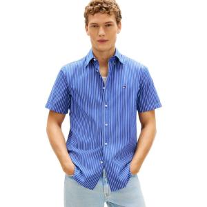Tommy Hilfiger Men’s Short Sleeve Poplin Shirts in Regular Fit, Men’s Button Down Shirts(Wedge Blue / Stripe)