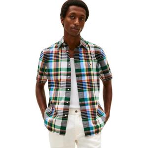 Tommy Hilfiger Men’s Short Sleeve Poplin Shirts in Regular Fit, Men’s Button Down Shirts(White/ Check Optic Blue)