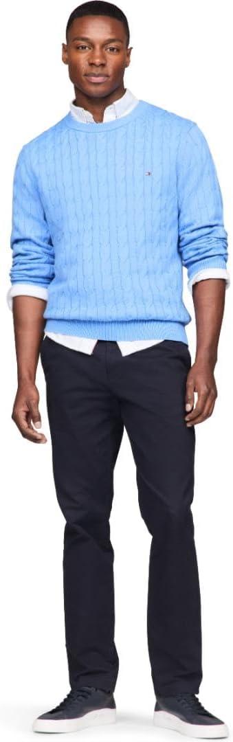 imageTommy Hilfiger Mens Cable Knit Crewneck Sweater Lightweight PulloverBlue Spell