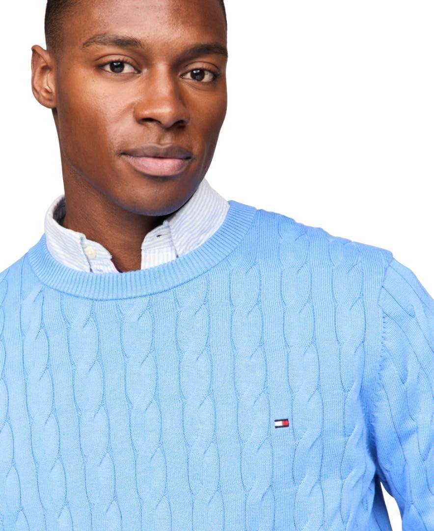 imageTommy Hilfiger Mens Cable Knit Crewneck Sweater Lightweight PulloverBlue Spell